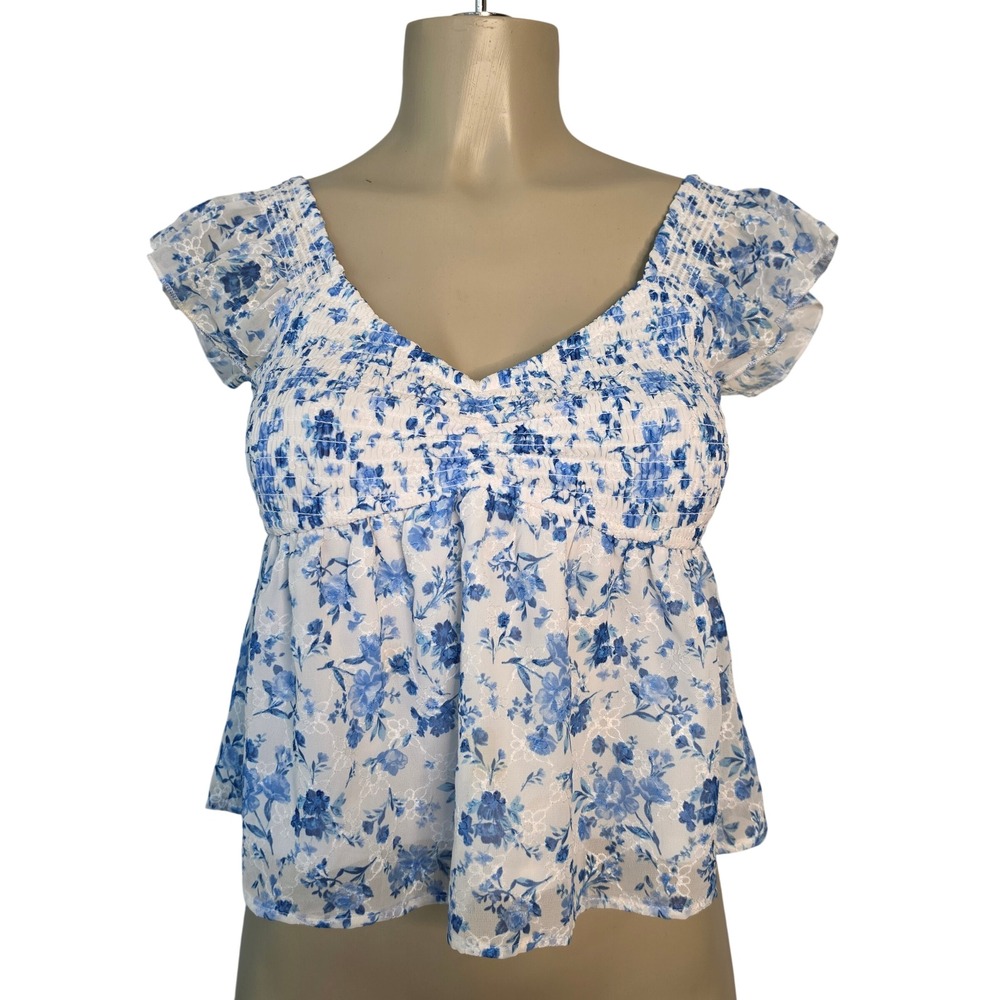 Thirty Thirty Blouse Womens Small Blue Floral Smocked V-Neck Ruffle Top Coquette